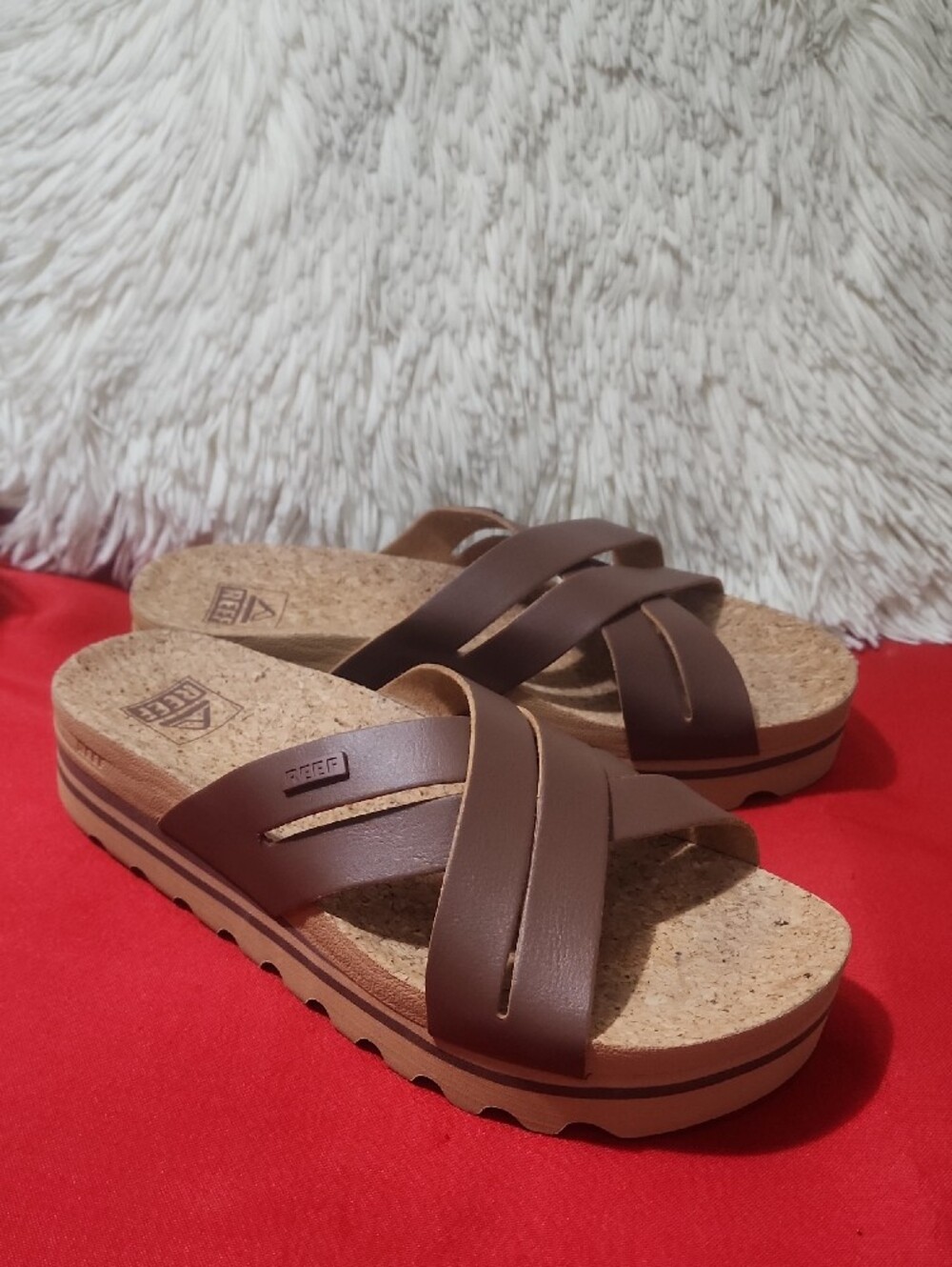 Reef Kaia Brown Cork Cross-Strap Slide Sandals
